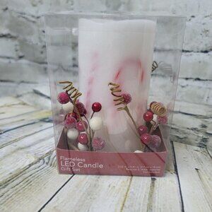 Flameless LED  Candle White w Candy Canes and Holly Berries Winter Christmas
